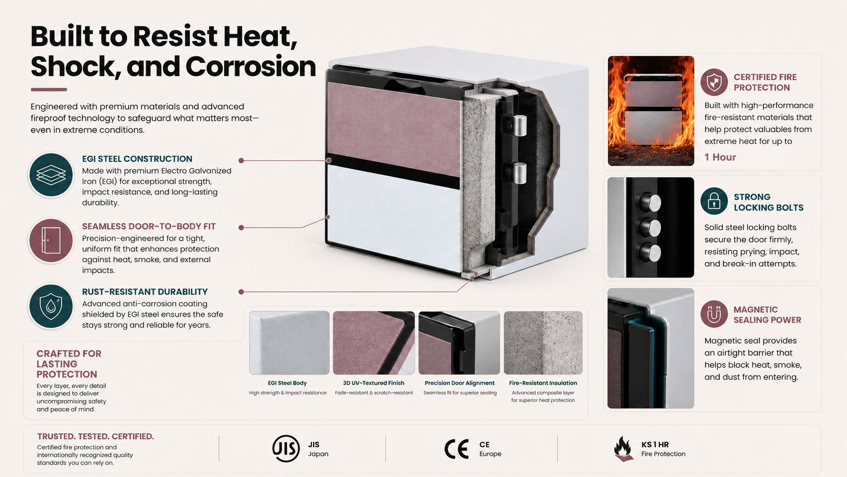 Ornis safe cutaway showing heat, shock, and corrosion resistance with EGI steel construction, seamless door fit, rust-resistant durability, locking bolts, magnetic sealing, RISE Sweden logo, and one hour fire protection details.