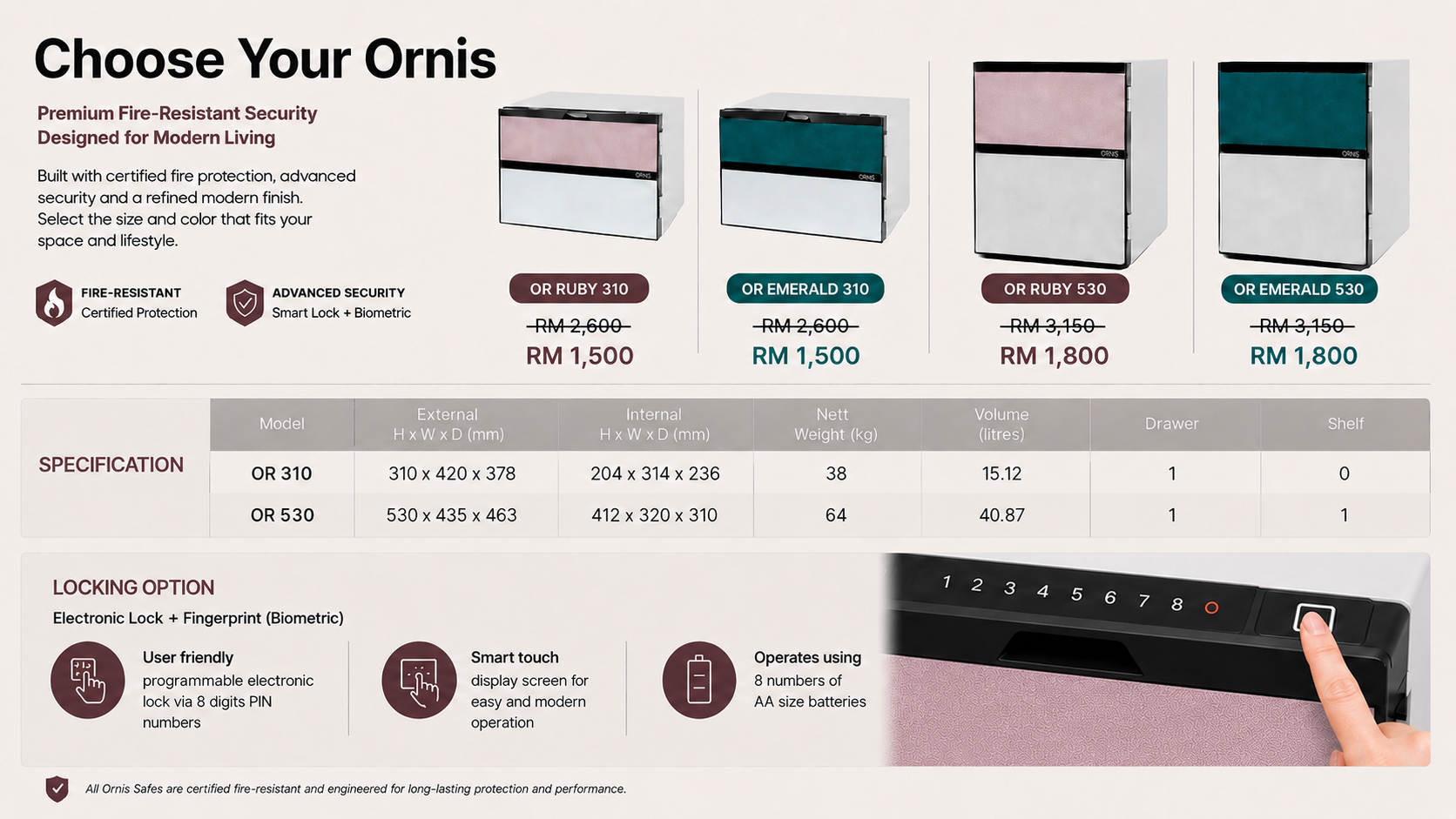Ornis specification section showing model choices, corrected crossed-out prices, external and internal dimensions, weight, volume, drawers, shelf, color options, and locking option.