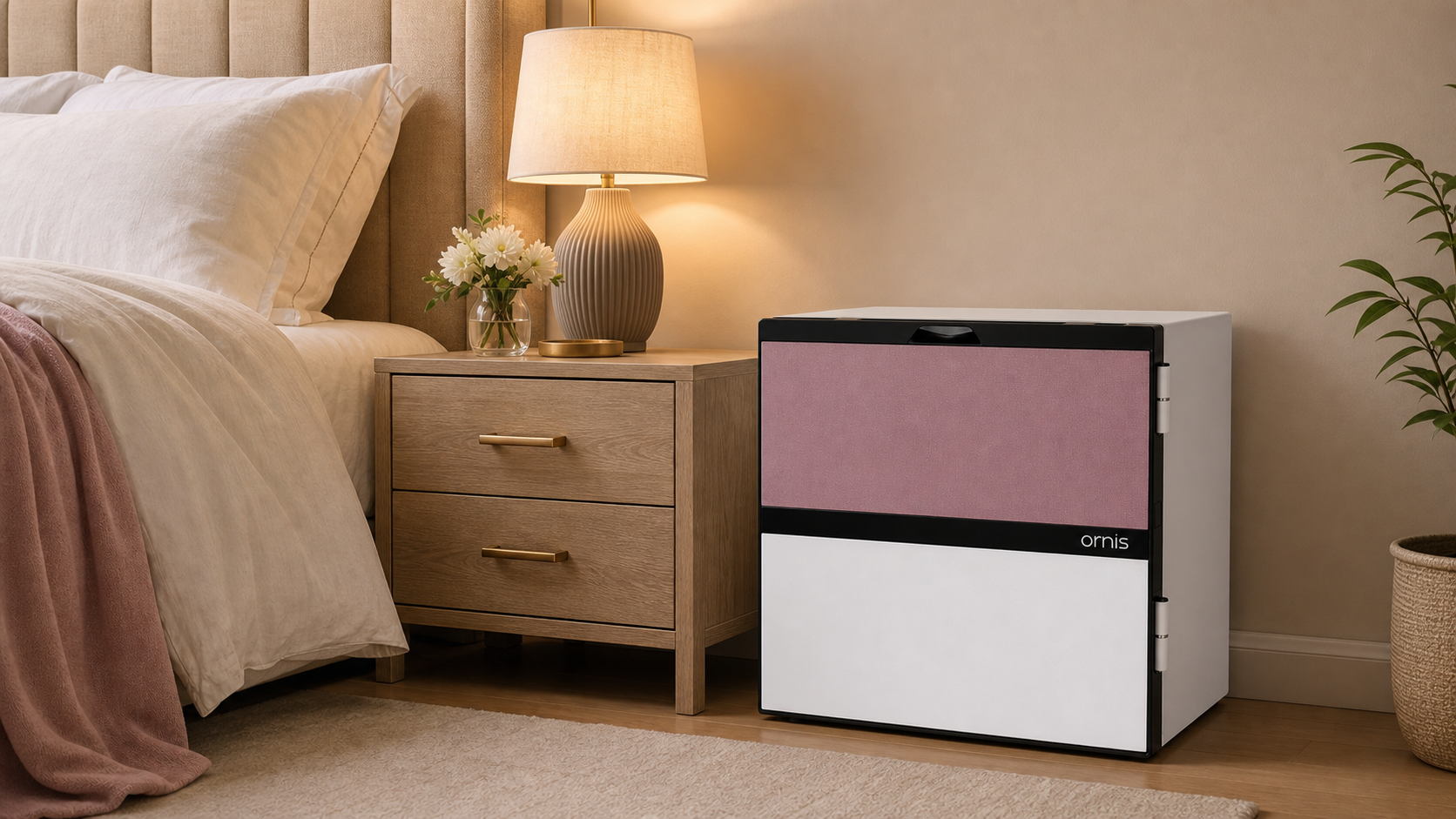 OR Ruby 530 safe placed beside a bedroom nightstand.