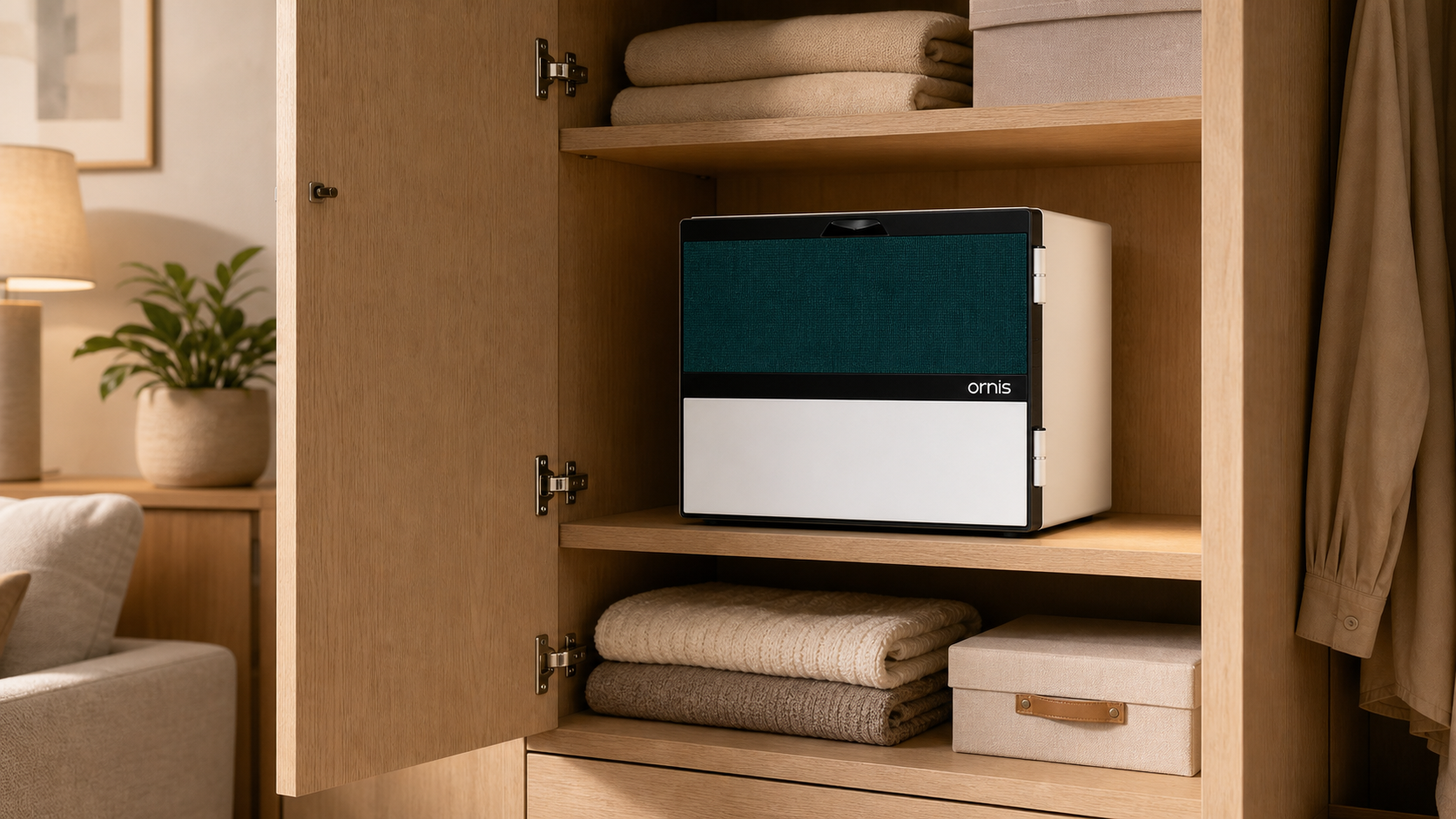 OR Emerald 310 safe placed inside a warm wooden cabinet.