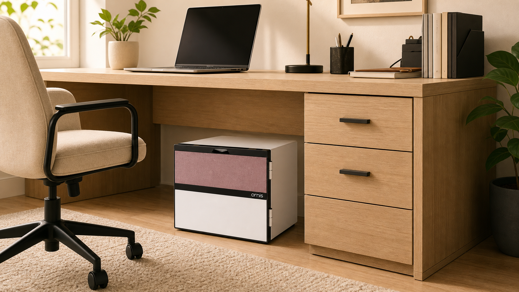 OR Ruby 310 safe placed under a home office desk.