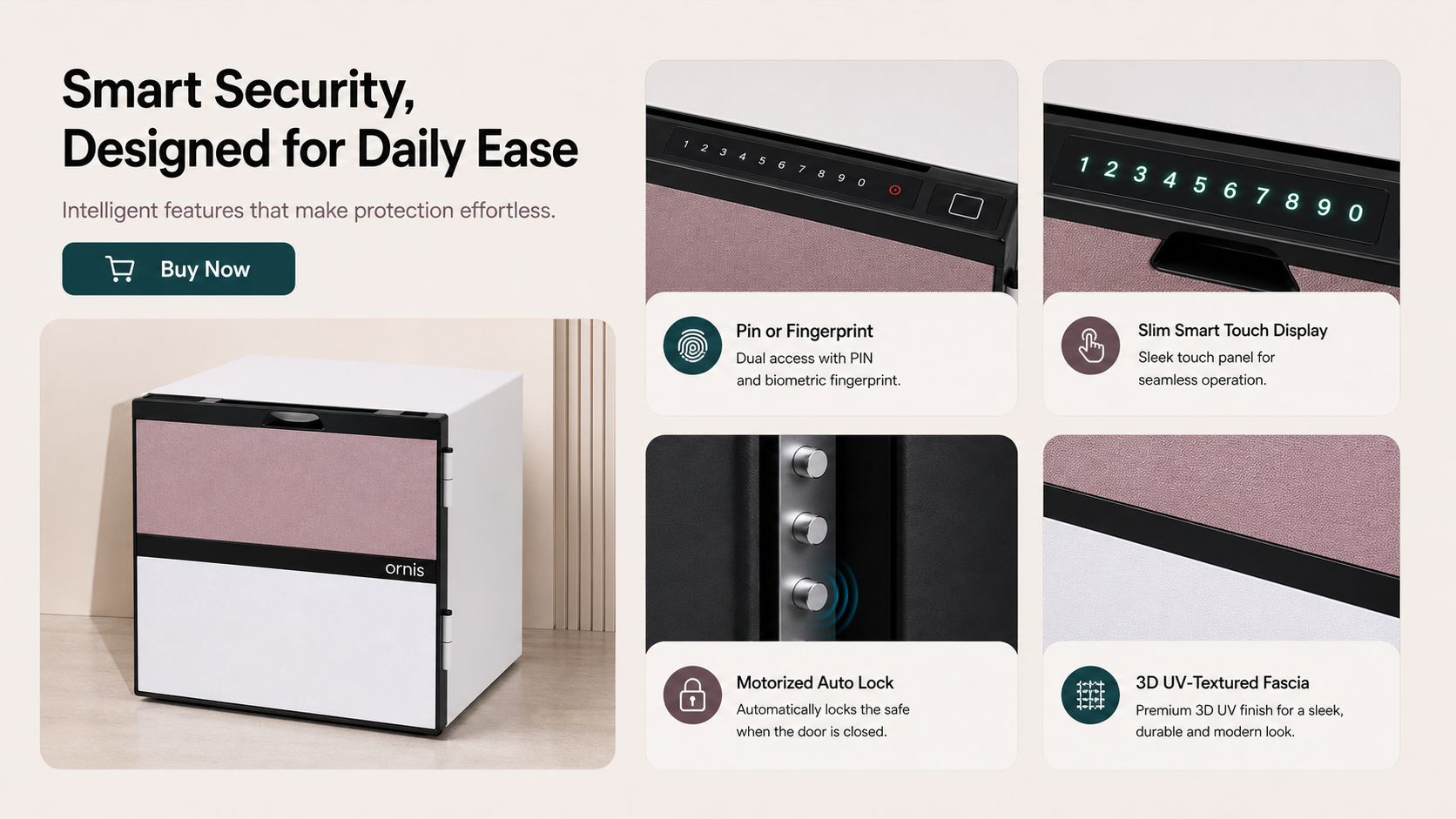 Ornis smart security features showing no-hand closeups of the top black door control strip, including PIN keys, the square fingerprint sensor, green keypad numbers, motorized auto lock, and 3D UV-textured fascia.